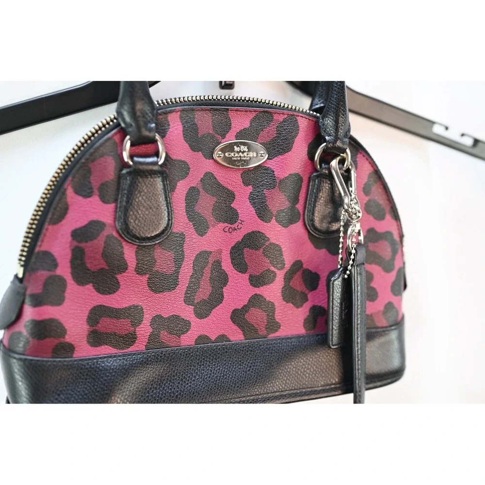 Coach Cora Mini Domed Satchel Pink Black Ocelot Leopard Print Crossbody Bag